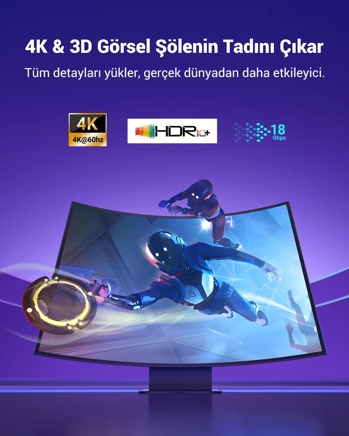 UGREEN 4K 60 Hz HDMI 2.0 Örgülü Görüntü Aktarıma Kablosu 1 Metre, 30999
