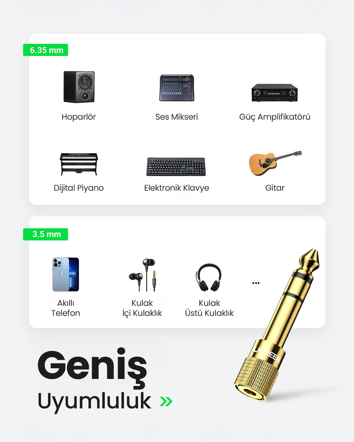 UGREEN 6.5mm den 3.5mm ye StereoJack Dönüştürücü Adaptör, 20503