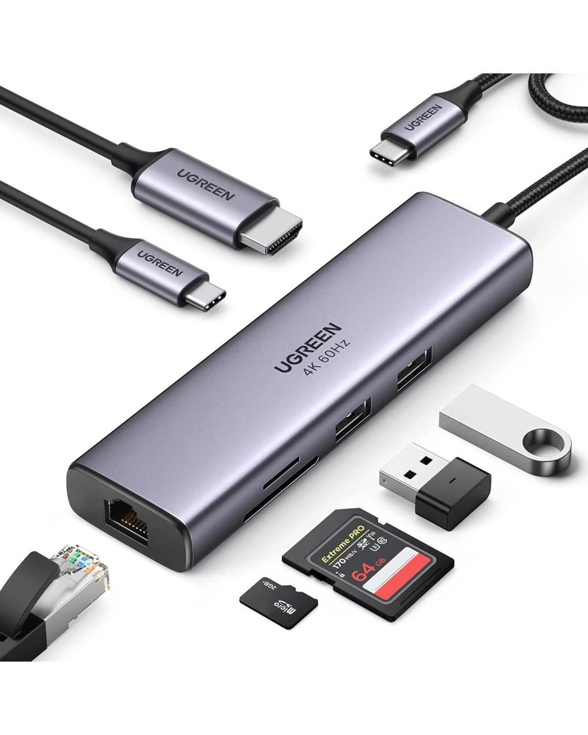 UGREEN 7-in-1 2*USB 3.0, 100W Type-C, 4K/30Hz HDMI, RJ45, SD, TF, Port Çoklayıcı Hub 60515
