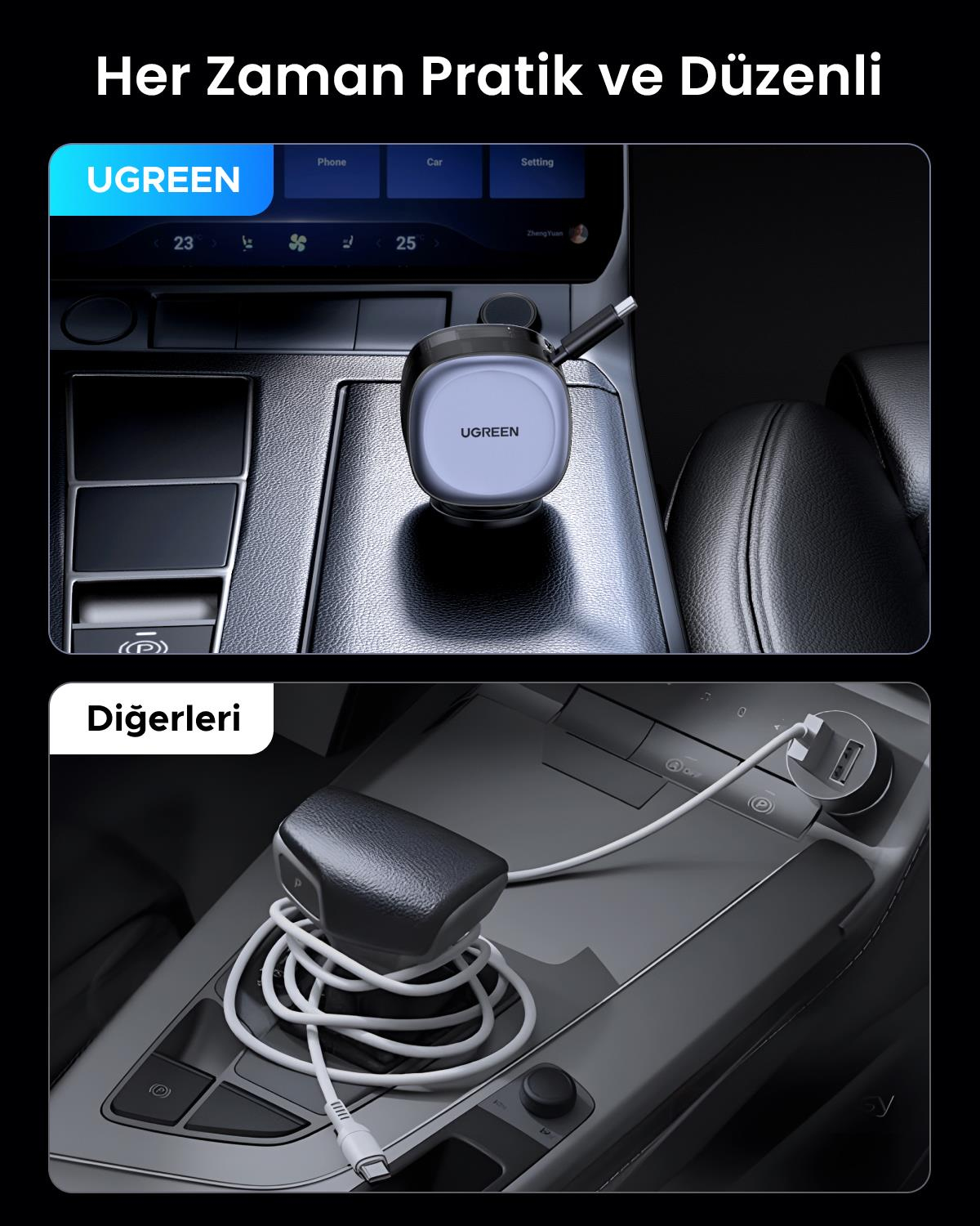 UGREEN 75W 2 Portlu USB-C Kablolu Araç İçi Şarj Cihazı Çakmaklık Adaptörü, 55653