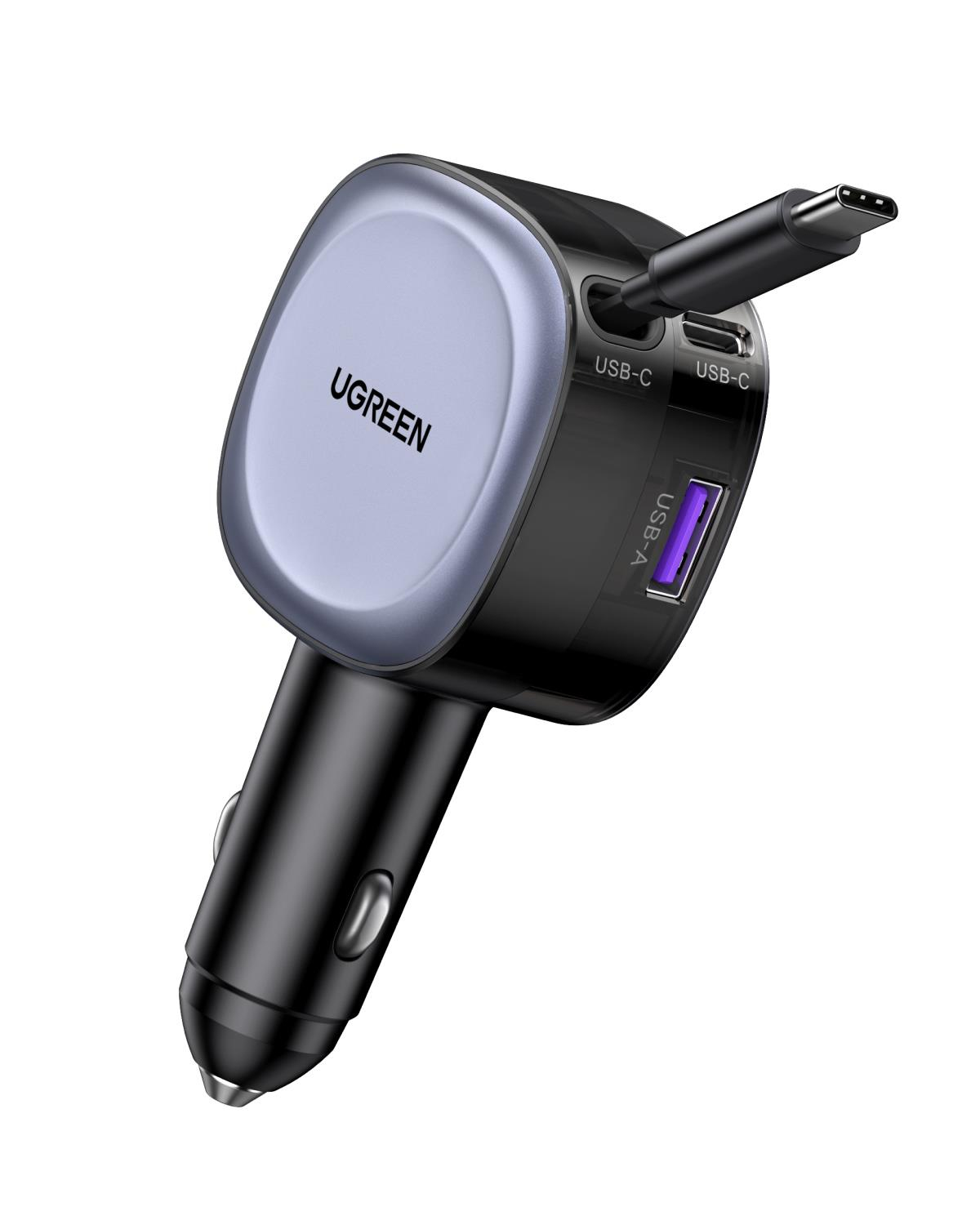 UGREEN 75W 2 Portlu USB-C Kablolu Araç İçi Şarj Cihazı Çakmaklık Adaptörü, 55653