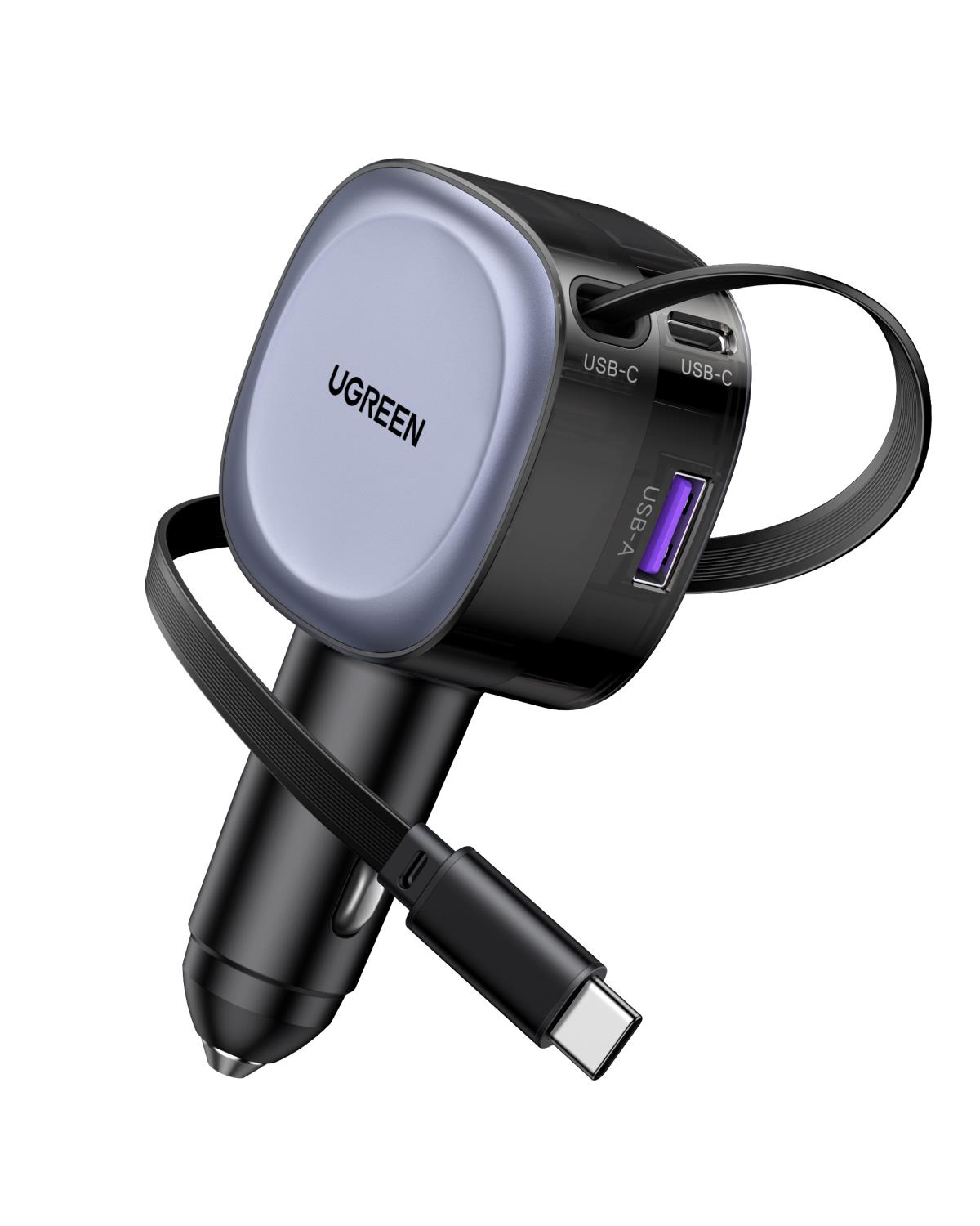 UGREEN 75W 2 Portlu USB-C Kablolu Araç İçi Şarj Cihazı Çakmaklık Adaptörü, 55653