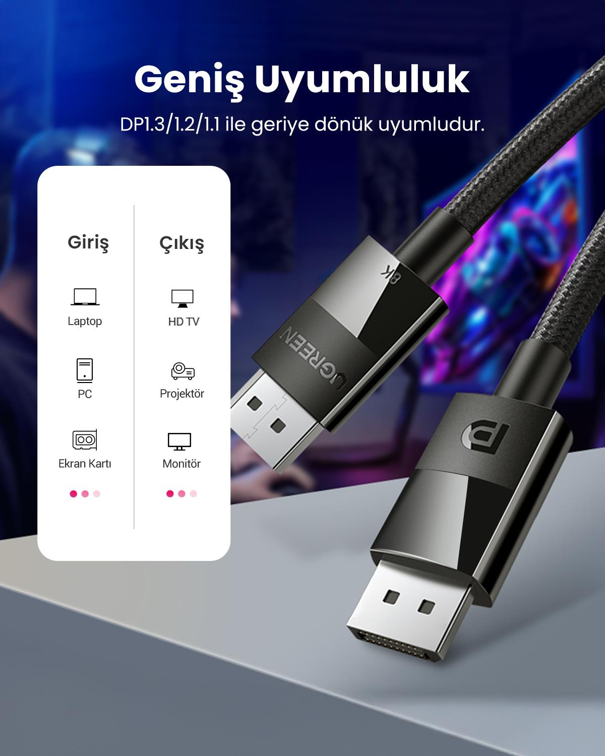 Ugreen 8K 60Hz Displayport to Displayport 1.4 Örgülü Kablo, 3m, 80393