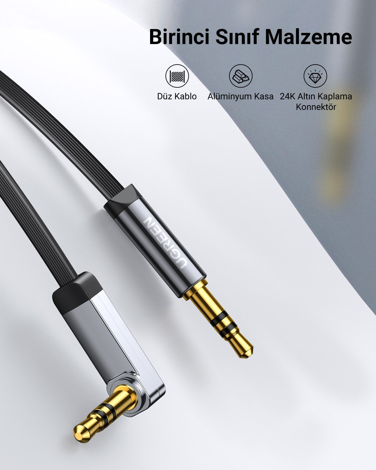 UGREEN 90 derece Dik Açılı 3.5mm Flat Aux Ses Kablosu 1 Metre, 10597