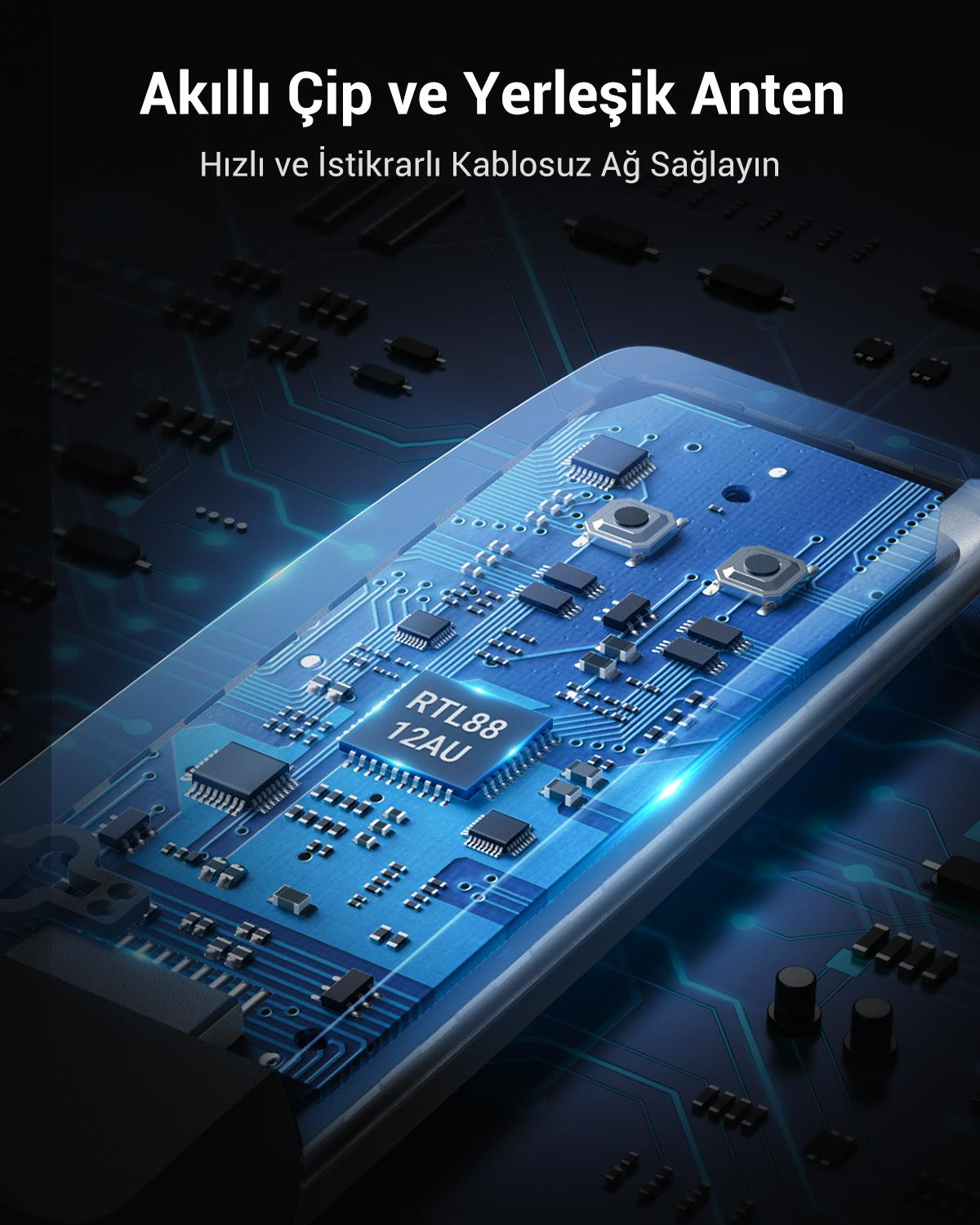 UGREEN AC1300 USB 3.0 1300Mbps 2.4/5Ghz Wi-Fi Kablosuz Alıcı Ağ Adaptörü, 50340