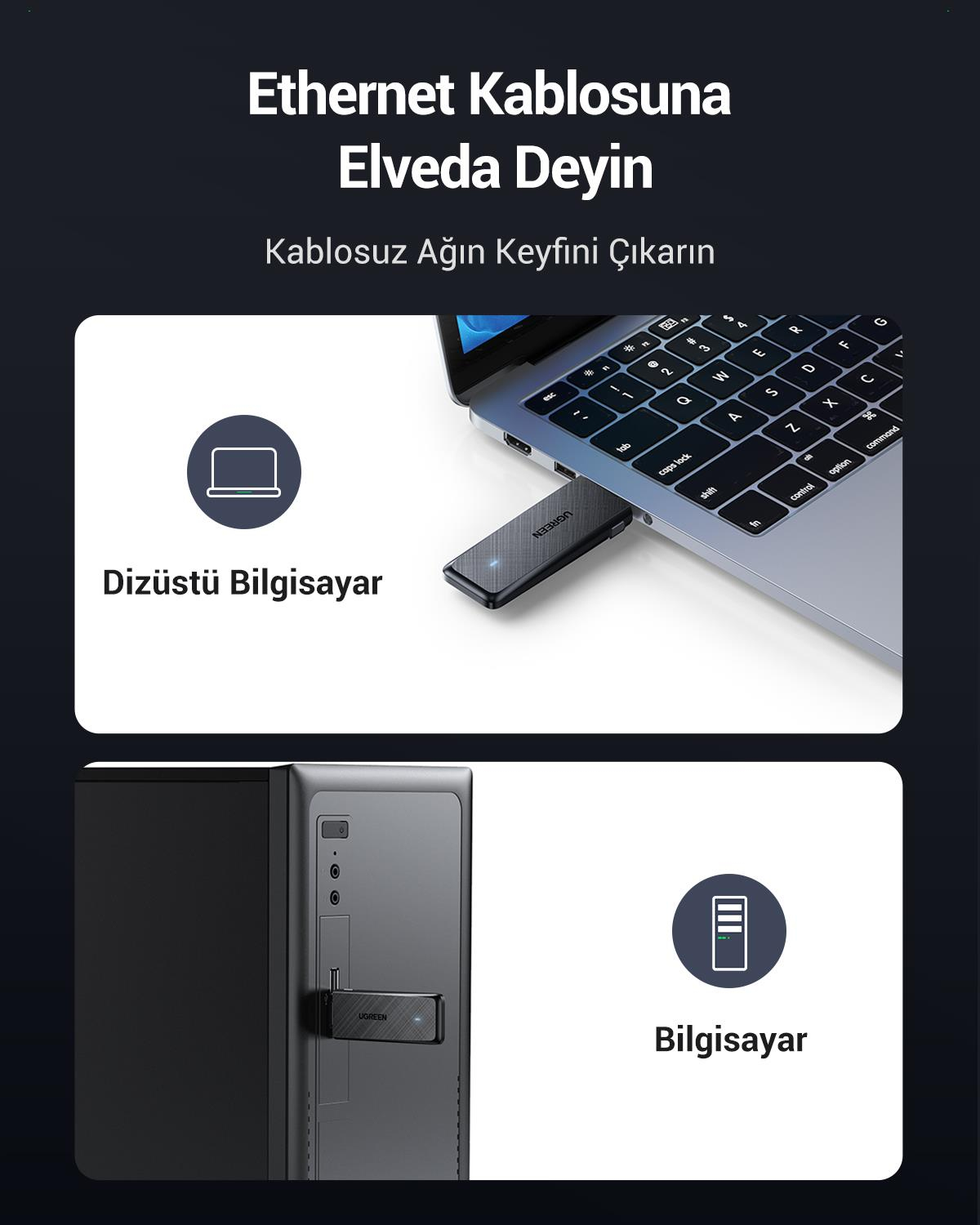 UGREEN AC1300 USB 3.0 1300Mbps 2.4/5Ghz Wi-Fi Kablosuz Alıcı Ağ Adaptörü, 50340