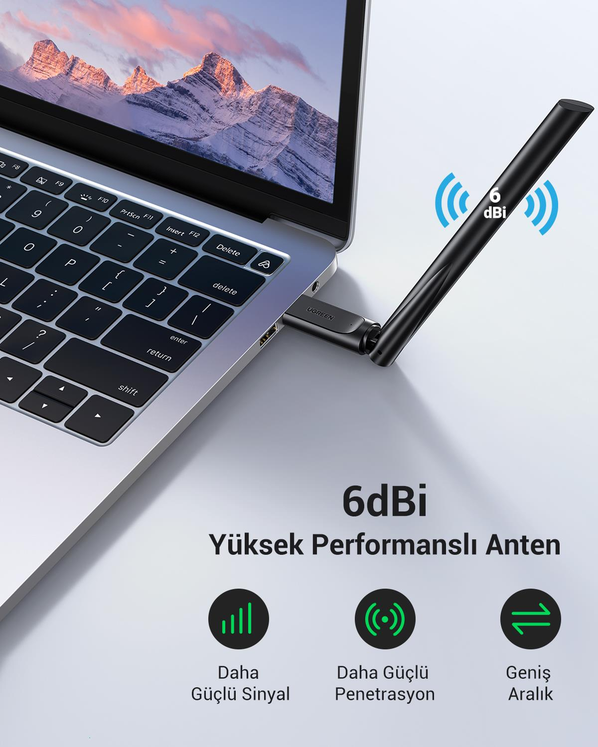UGREEN AC650 5GHz / 2.4GHz Dual Band USB 2.0 Wi-Fi Adaptör, 90339
