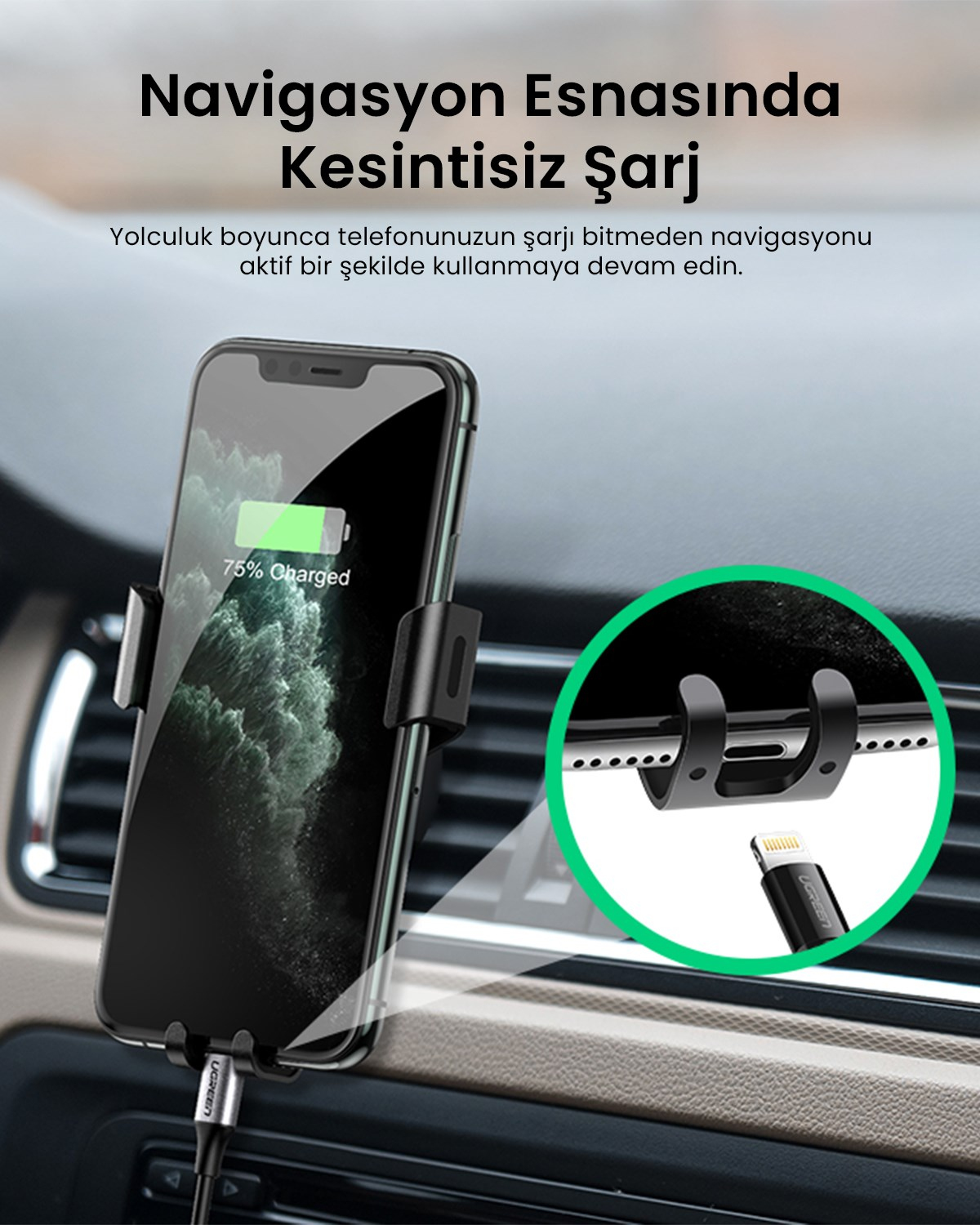 UGREEN Araç İçi Telefon Tutucu Air Vent, Siyah, 40907