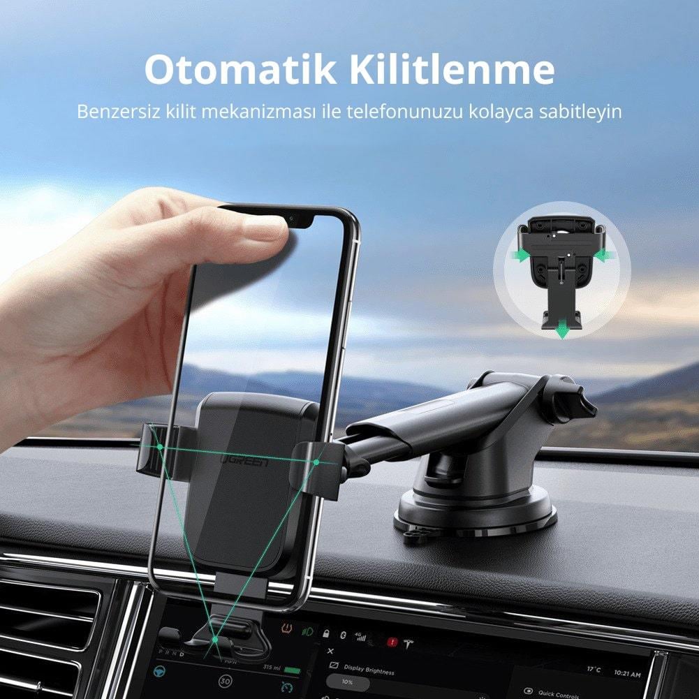 UGREEN Ayarlanabilir Kollu Araç İçi Vantuzlu Telefon Tutucu, Siyah, 60990B
