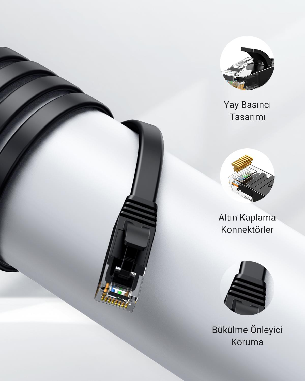 UGREEN CAT6 Flat Ethernet Kablosu, 30 Metre, Siyah, 50182