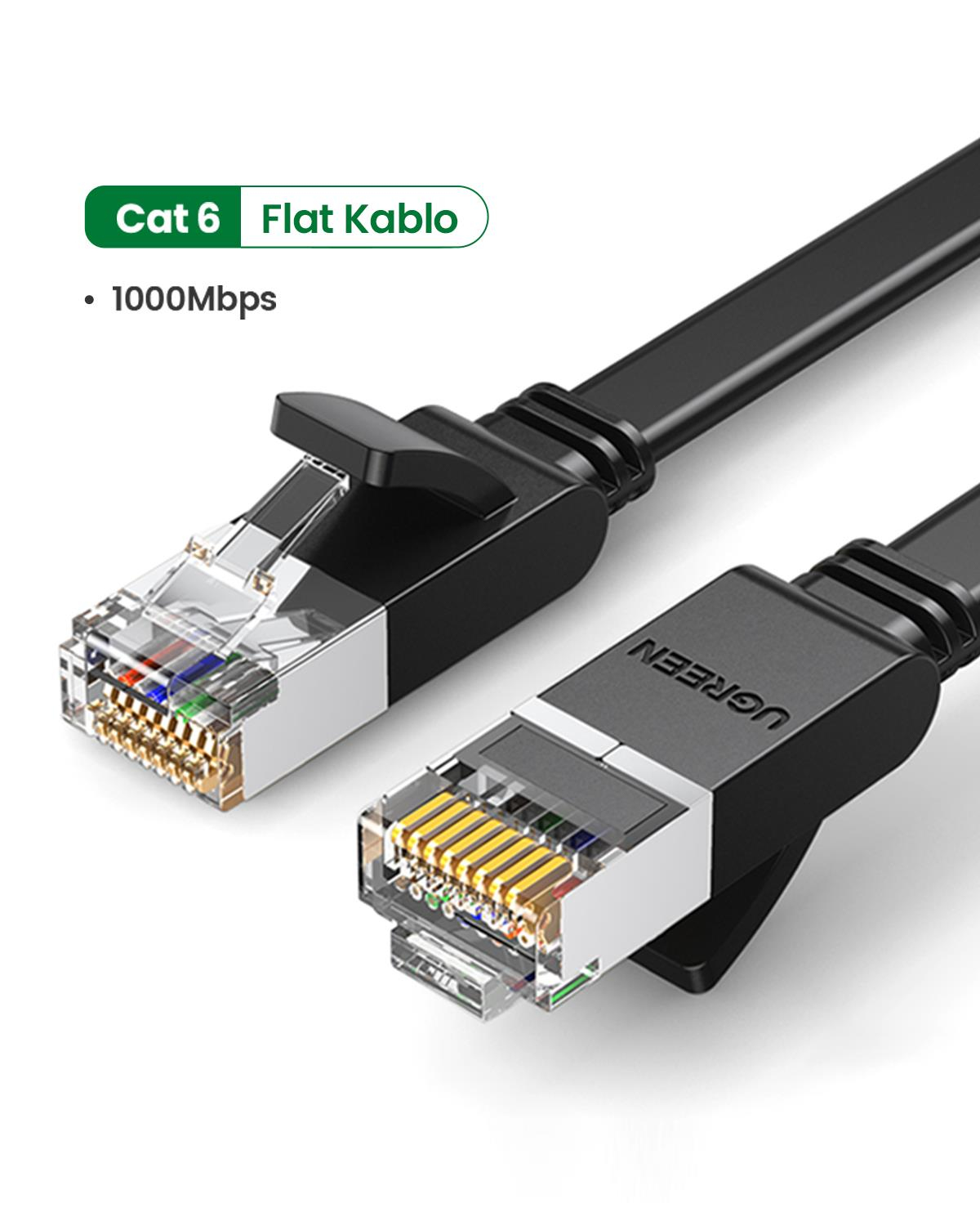 UGREEN CAT6 Flat Ethernet Kablosu, 8 Metre, Siyah, 50177