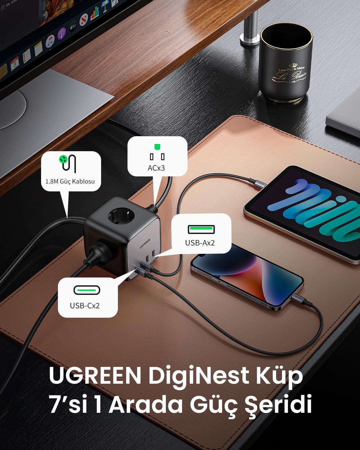 UGREEN DigiNest Cube 65W GaN 2 Hızlı Şarj Cihazı 2xUSB-C, 2xUSB-A, 3 lü Akım Korumalı Grup Priz, 60113