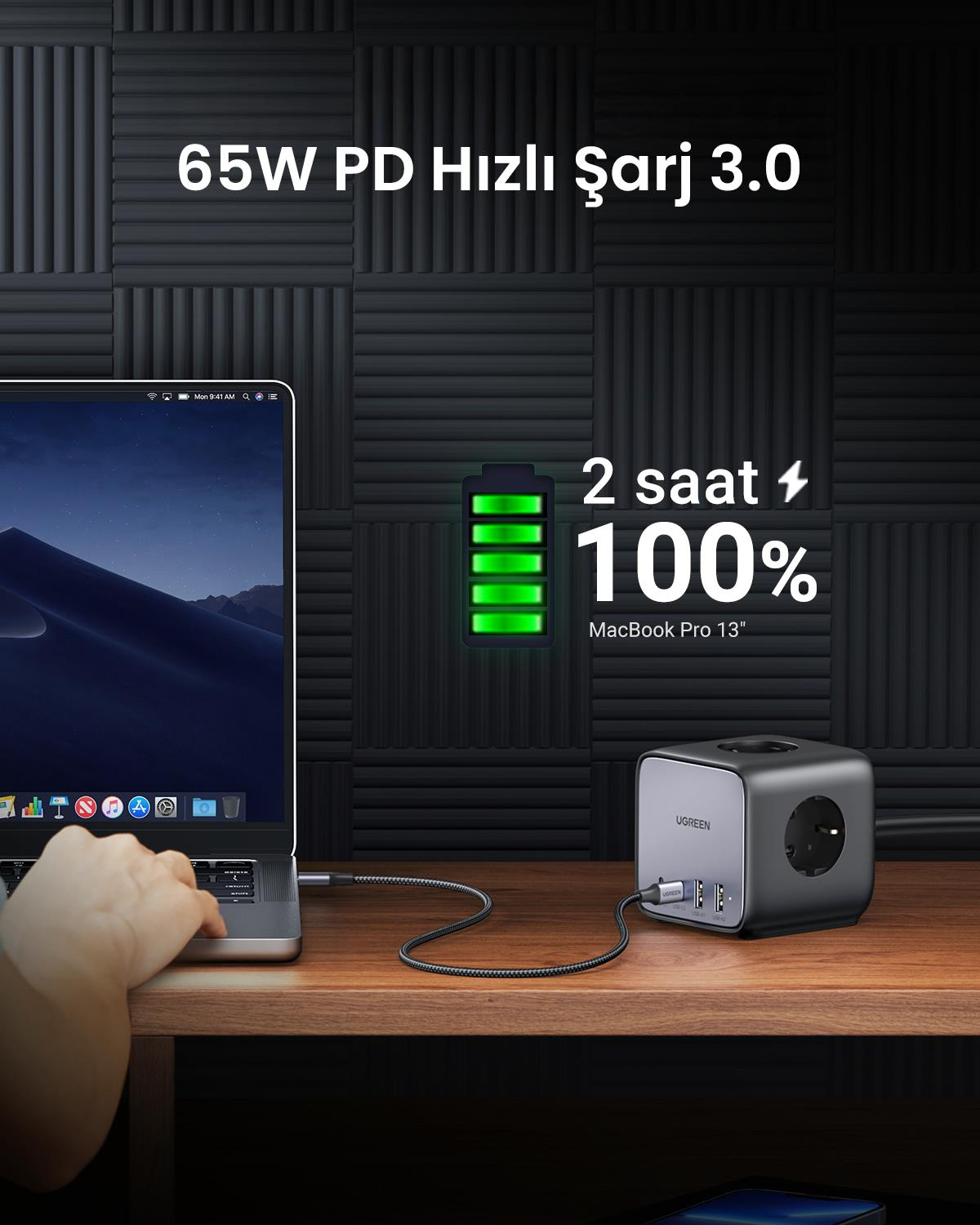 UGREEN DigiNest Cube 65W GaN 2 Hızlı Şarj Cihazı 2xUSB-C, 2xUSB-A, 3 lü Akım Korumalı Grup Priz, 60113