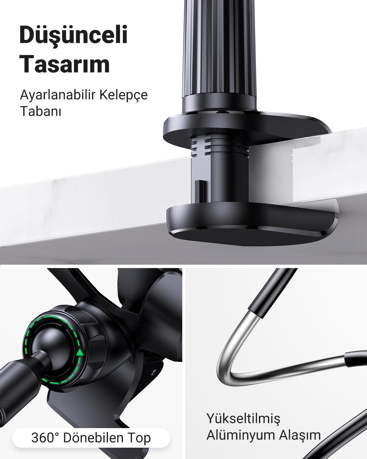 UGREEN Flexible Esnek Yatak Masa Telefon Tutucu, Siyah , 80906