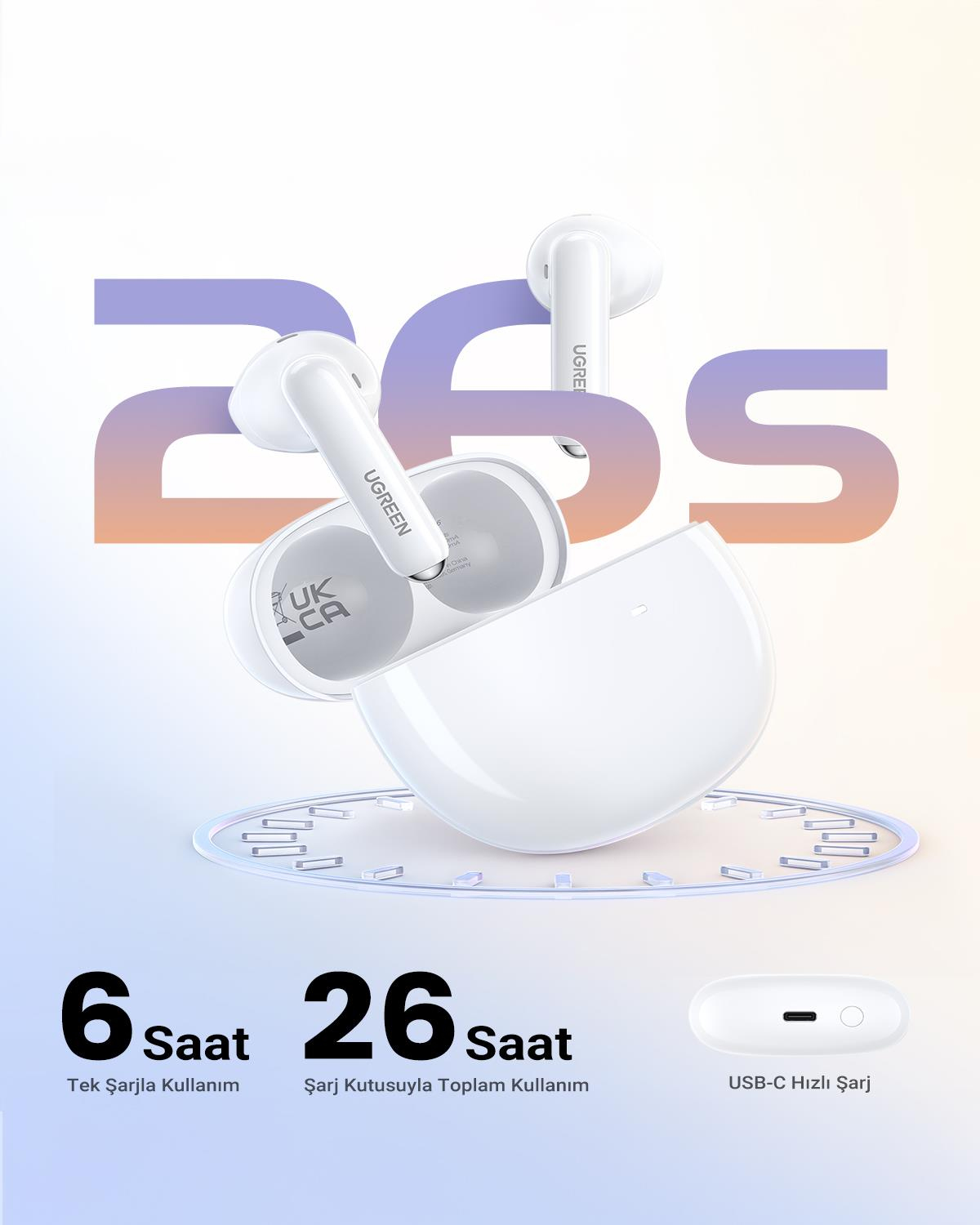 UGREEN HiTune H5 True Kablosuz Kulak İçi Kulaklık, 26 Saat Çalma Süresi, AI Gürültü Engelleme, 4 Mikrofonlu, Beyaz, 15612