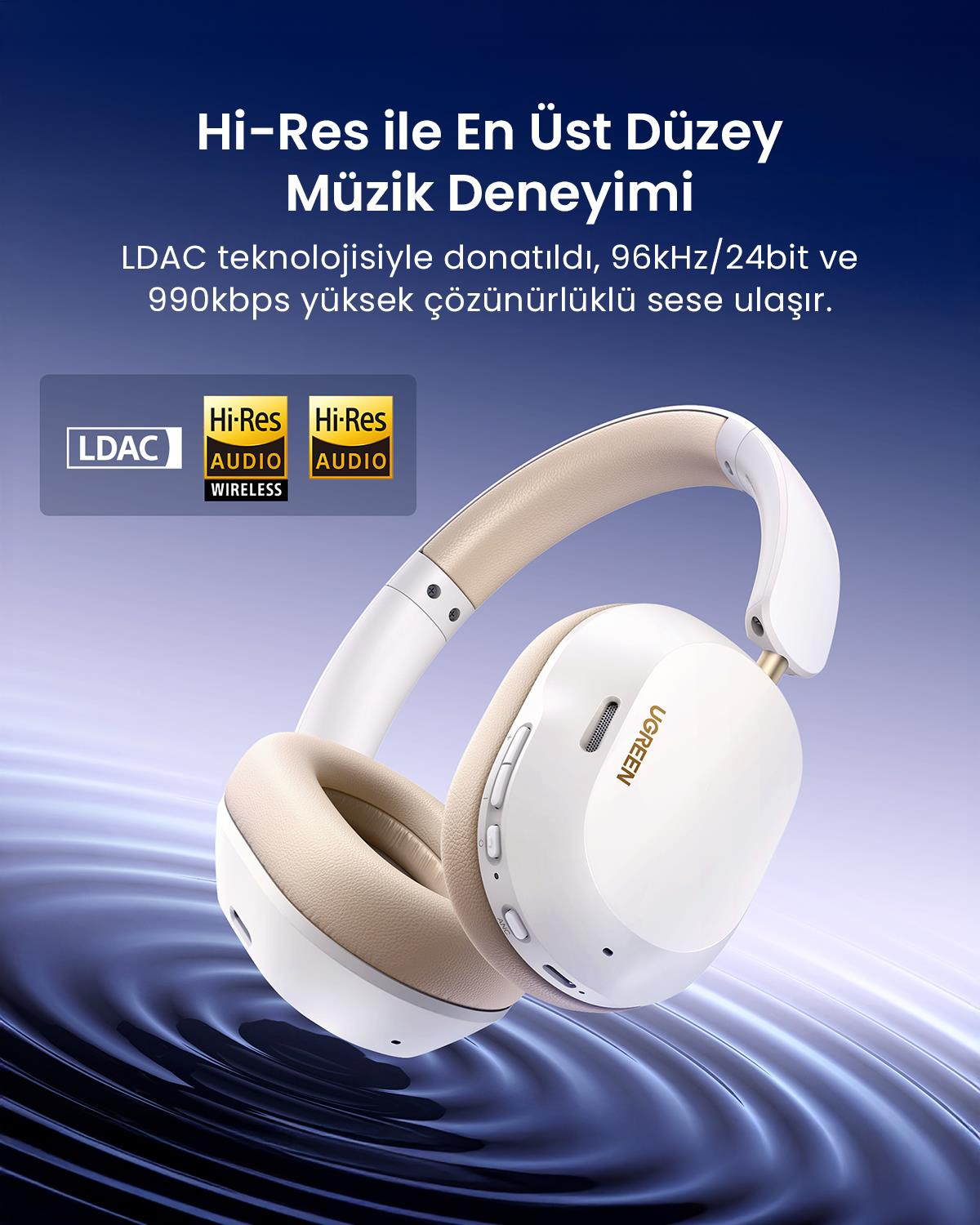 UGREEN HiTune Max5c Hibrit Gürültü Aktif Gürültü Engelleyici Kablosuz Kulak Üstü Kulaklık, İpek Beyazı, 35758