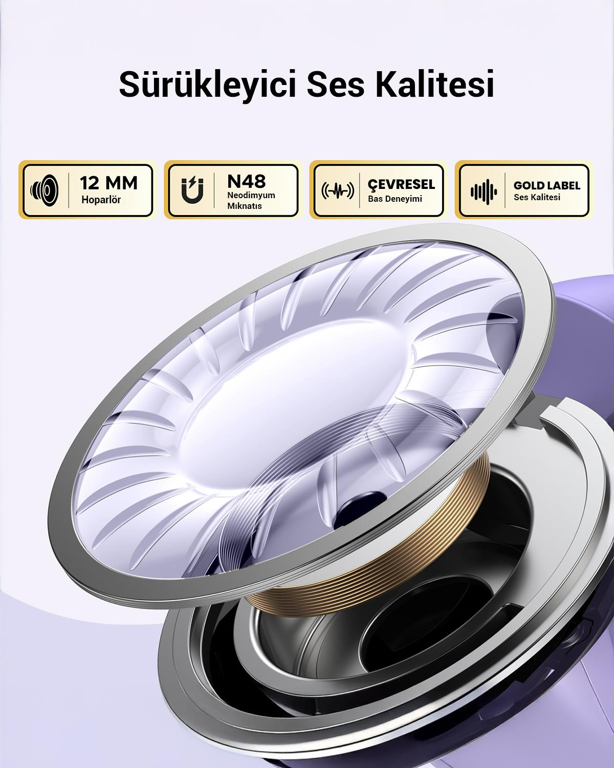 UGREEN HiTune S3 True Clip Kablosuz Kulak İçi Kulaklık, 30 Saat Çalma Süresi, AI Gürültü Engelleme, Lila, 55430
