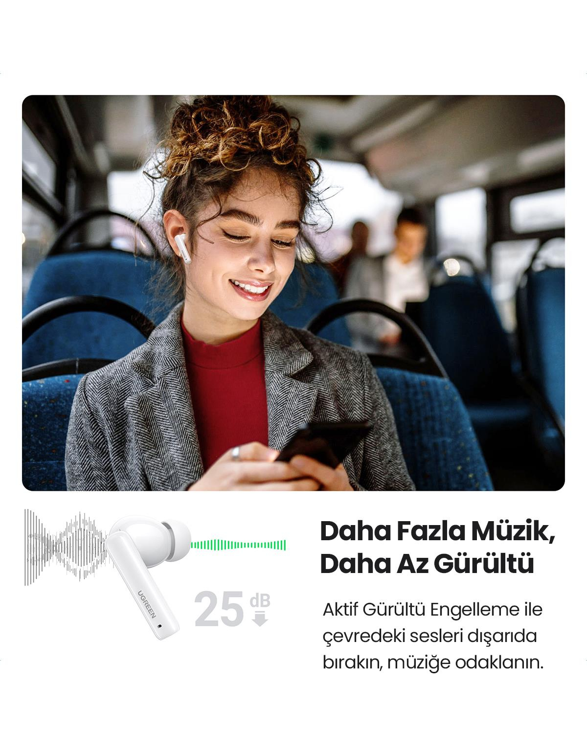 UGREEN HiTune T3 Aktif Gürültü Engelleyici Kablosuz Kulak İçi Kulaklık, Beyaz, 90206
