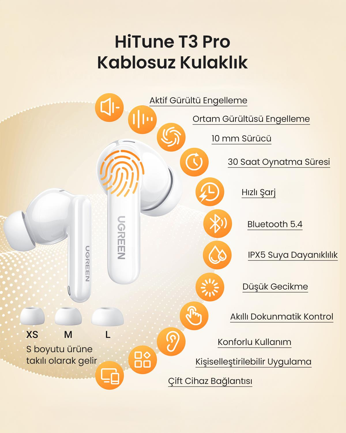 UGREEN HiTune T3 Pro Aktif Gürültü Engelleyici Kablosuz Kulak İçi Kulaklık, 30 Saat Çalma Süresi, ANC, 4 Mikrofonlu, Beyaz, 35725