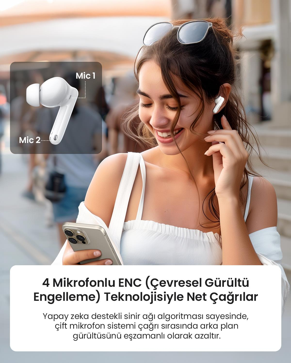 UGREEN HiTune T3 Pro Aktif Gürültü Engelleyici Kablosuz Kulak İçi Kulaklık, 30 Saat Çalma Süresi, ANC, 4 Mikrofonlu, Beyaz, 35725