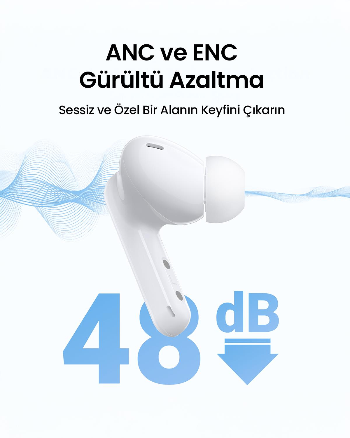 UGREEN HiTune T6 Magic Aktif Gürrültü Engelleyici Ekranlı Kablosuz Kulak İçi Kulaklık, 30 Saat Çalma Süresi, 4 Mikrofon, ANC, Beyaz, 55137