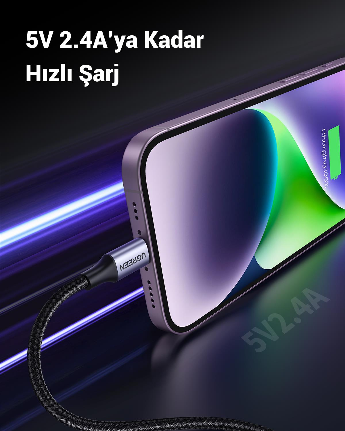 UGREEN Lightning to USB-A Örgülü MFi Sertifikalı İphone Hızlı Şarj Kablosu, 2 Metre, Siyah, 60158