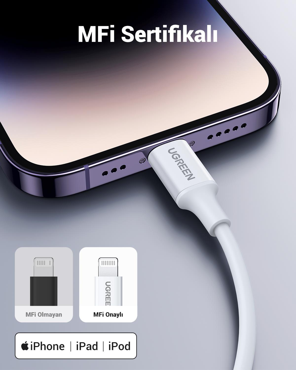 UGREEN Type-C to Lightning 3A PD MFi Sertifikalı Hızlı Şarj Kablosu, 1 Metre, Beyaz, 10493