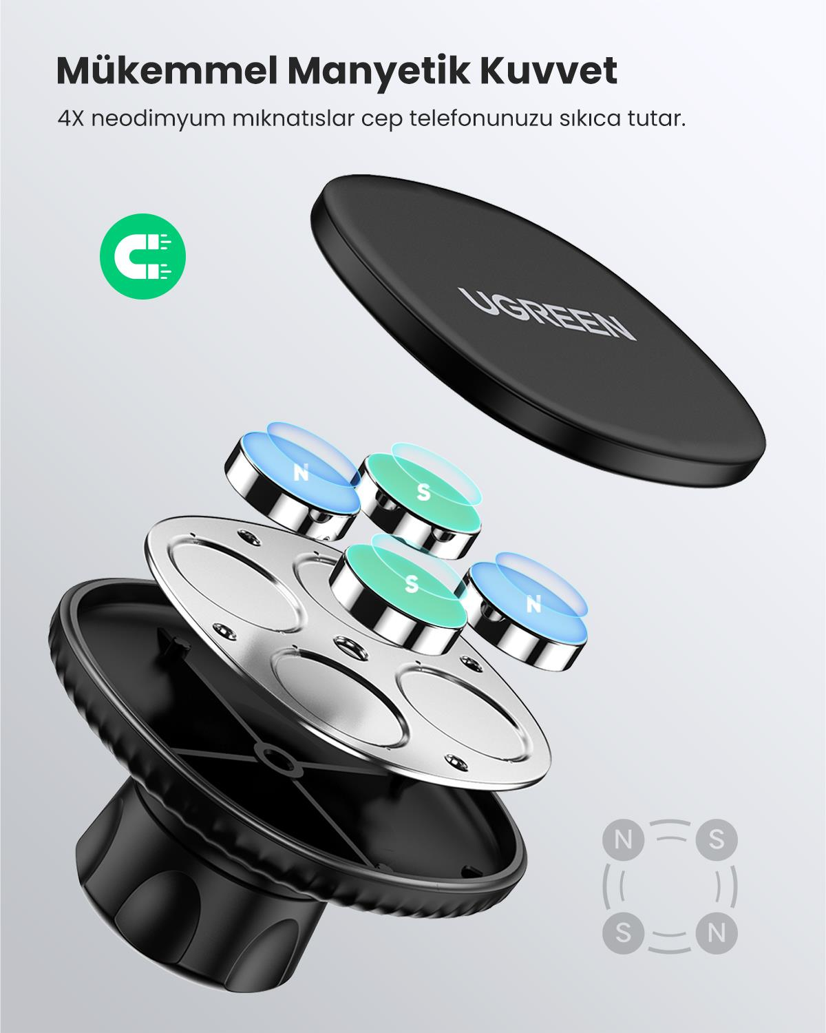 UGREEN Manyetik Mıknatıslı Araç İçi Telefon Tutucu, Siyah, 80785