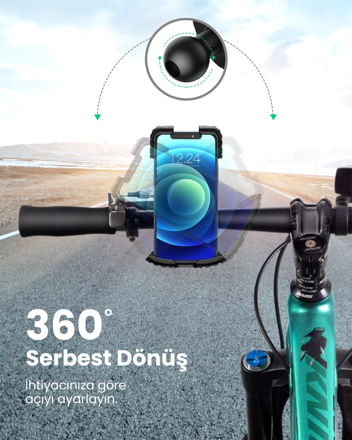 UGREEN Motosiklet ve Bisikletler için 360° Gidon Telefon Tutucu, Siyah, 60548