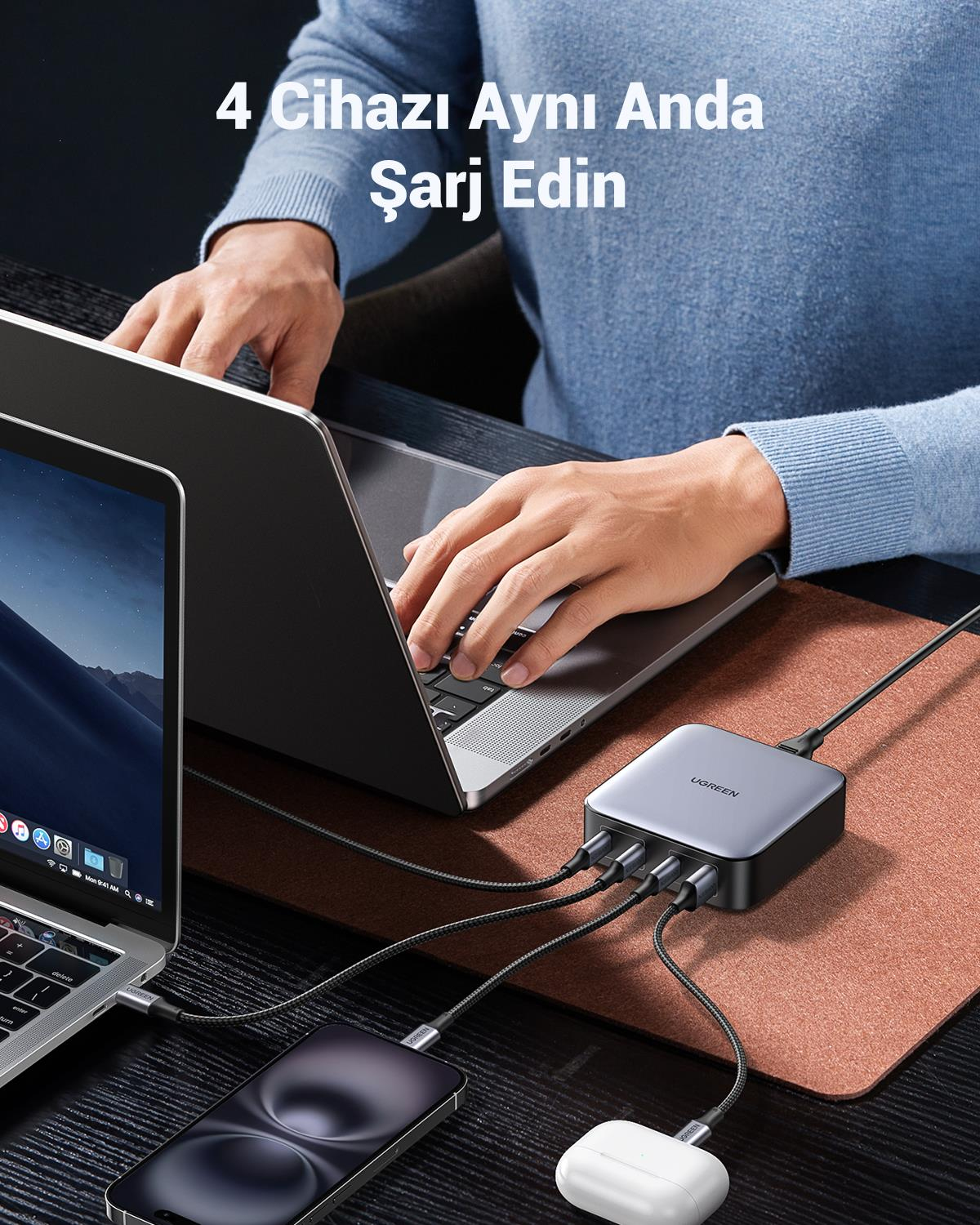 UGREEN Nexode 100W GaN Masaüsü Hızlı Şarj Cihazı Type-C QC PD 4 Portlu 3xUSB-C, 1xUSB-A, 2M Kablolu, Gri, 90928
