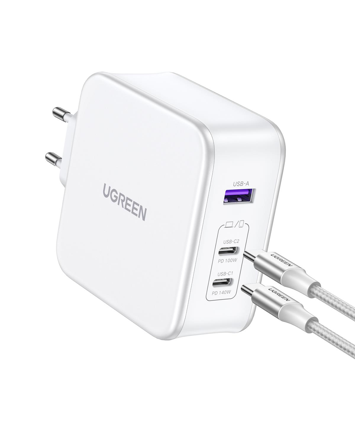 UGREEN Nexode 140W GaN 3 Portlu Hızlı Şarj Cihazı 1xUSB-A, 2xUSB-C QC 4.0 PD 3.1, Beyaz, 15339