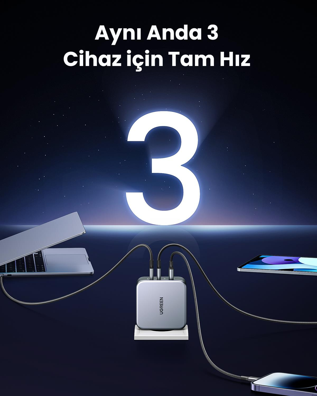 UGREEN Nexode 140W GaN 3 Portlu Hızlı Şarj Cihazı 2xUSB-C, 1xUSB-A QC 4.0 PD 3.1, 1.5M 240W Kablo Dahil, Uzay Grisi, 90549