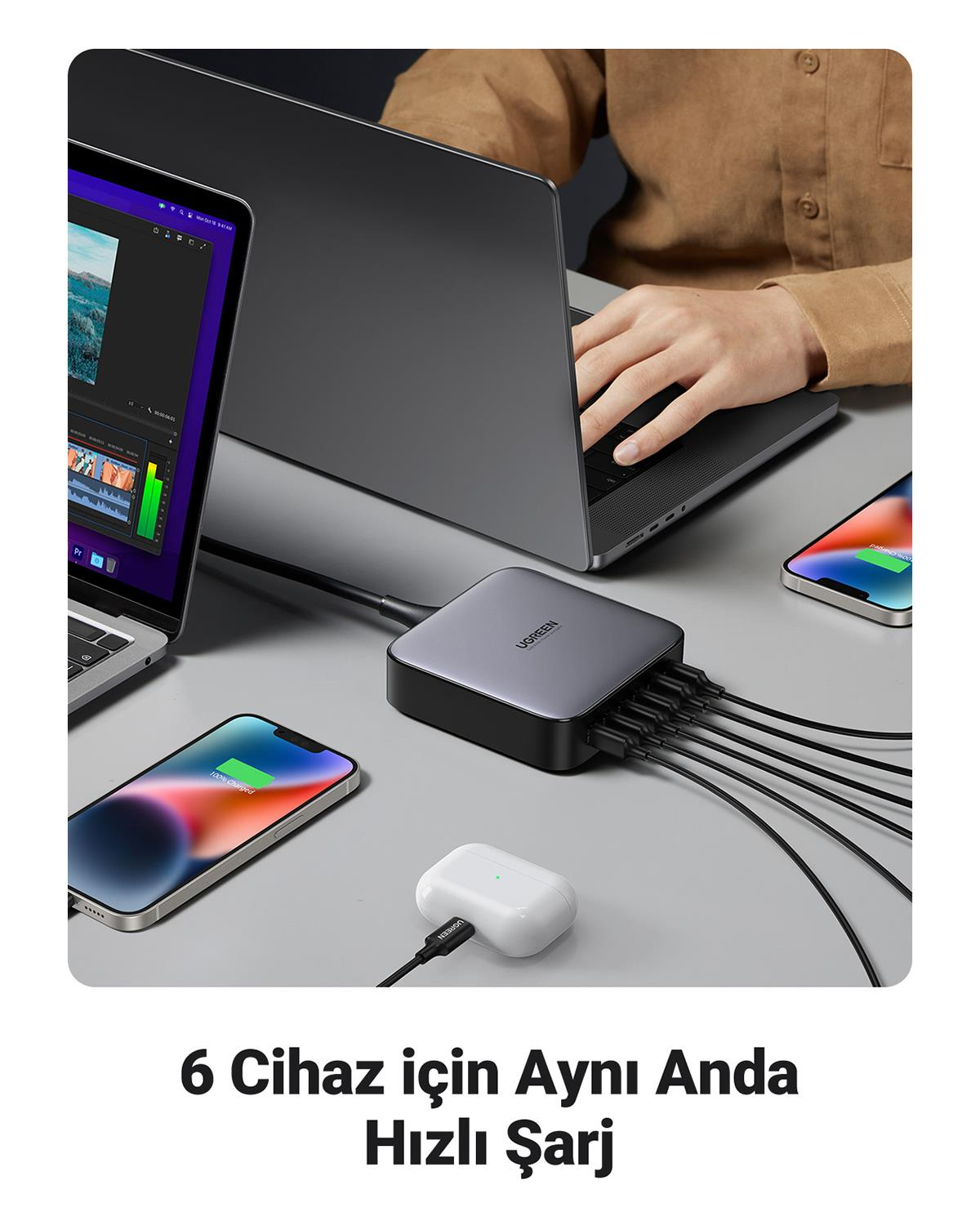 UGREEN Nexode 200W GaN II 6 Portlu Masaüstü Hızlı Şarj Cihazı İstasyonu 4xUSB-C, 2xUSB-A, 2M Kablolu, Gri, 40914