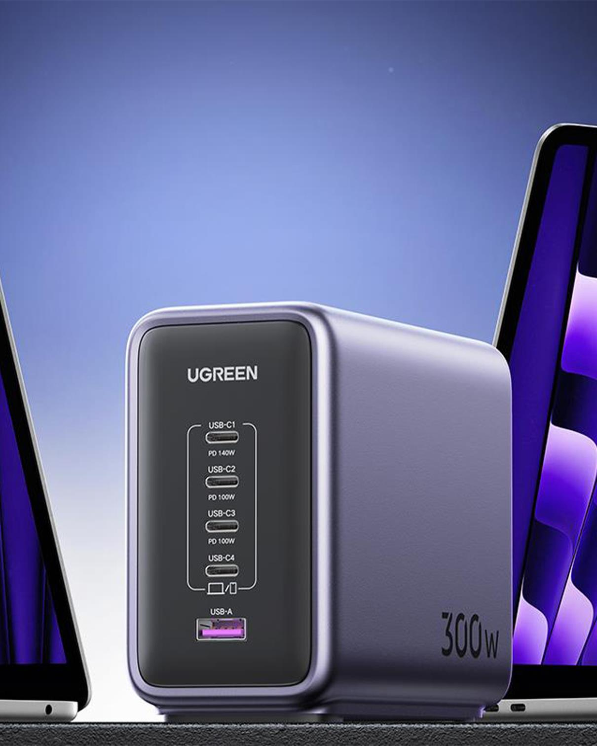 UGREEN Nexode 300W GaN 5 Portlu Hızlı Şarj Cihazı İstasyonu, 4xUSB-C, 1xUSB-A, 2M 240W Kablolu, Gri, 90903B
