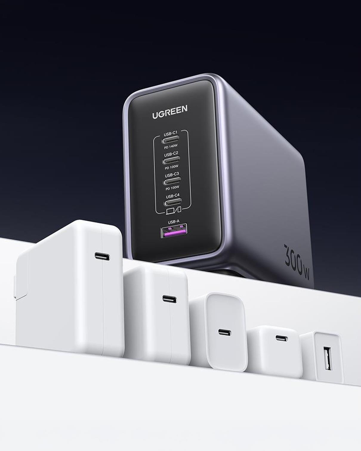 UGREEN Nexode 300W GaN 5 Portlu Hızlı Şarj Cihazı İstasyonu, 4xUSB-C, 1xUSB-A, 2M 240W Kablolu, Gri, 90903B