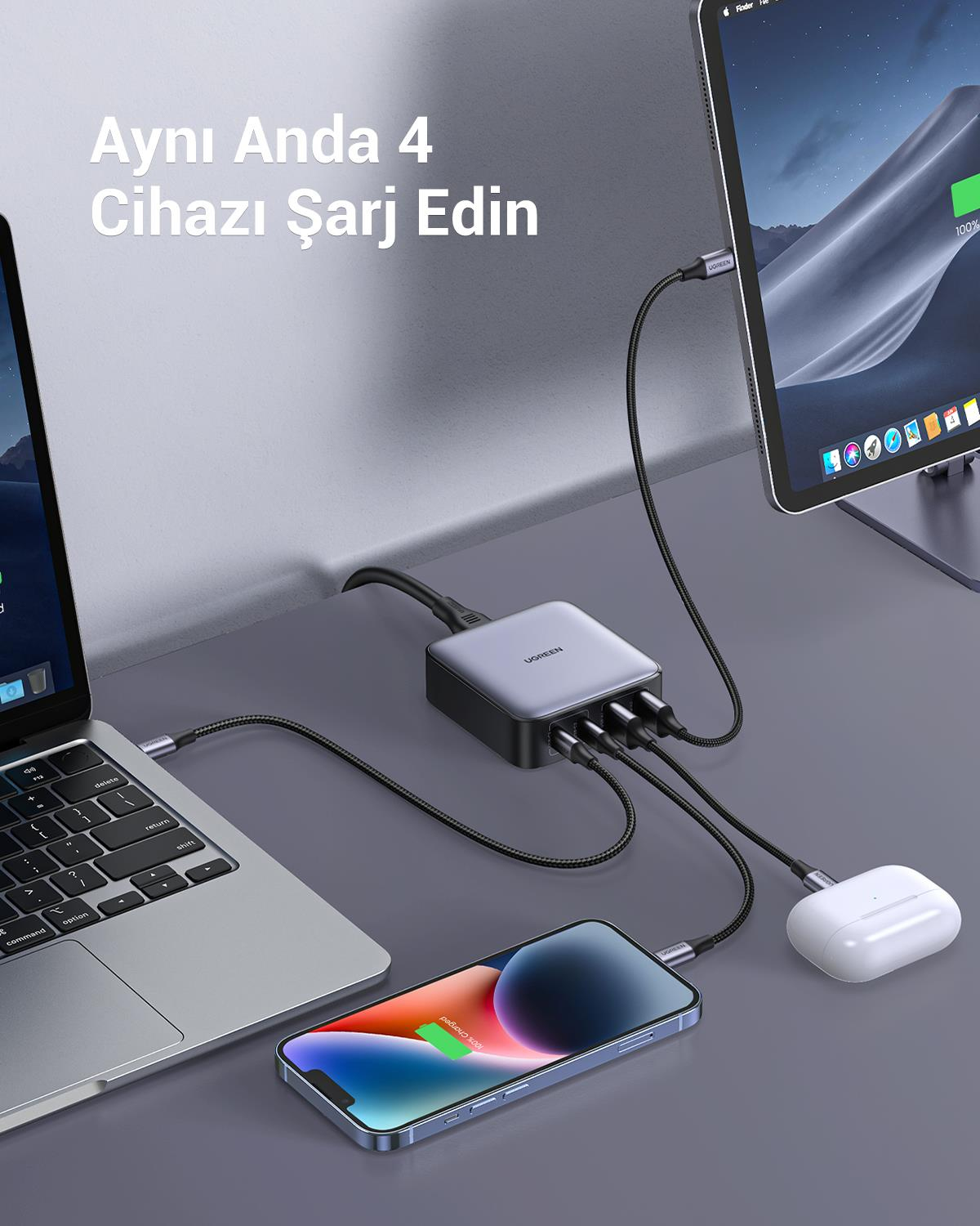 UGREEN Nexode 65W GaN 2 Masaüstü 4 Portlu Hızlı Şarj Cihazı İstasyonu 2xUSB-A, 2xUSB-C, Gri, 90747
