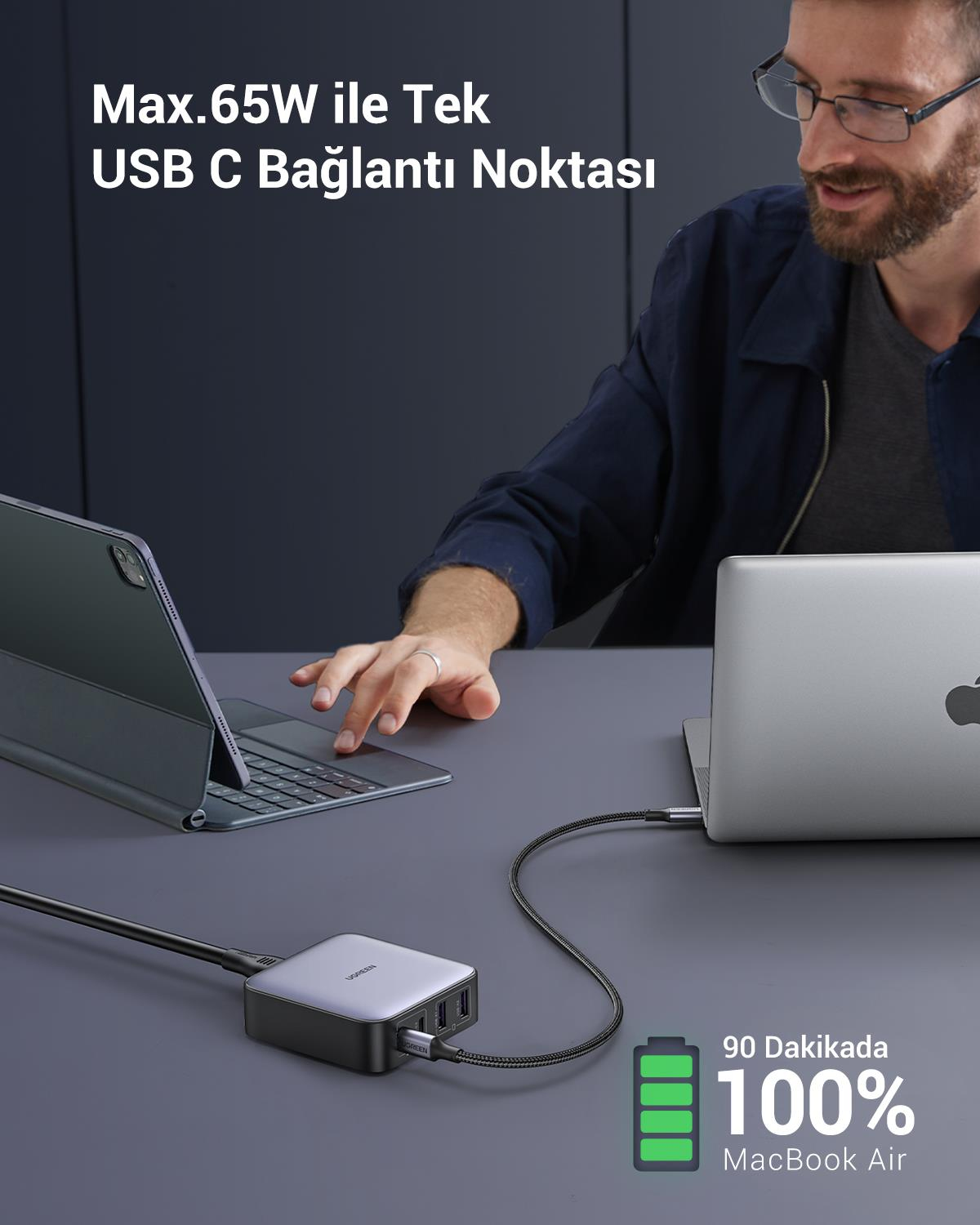 UGREEN Nexode 65W GaN 2 Masaüstü 4 Portlu Hızlı Şarj Cihazı İstasyonu 2xUSB-A, 2xUSB-C, Gri, 90747
