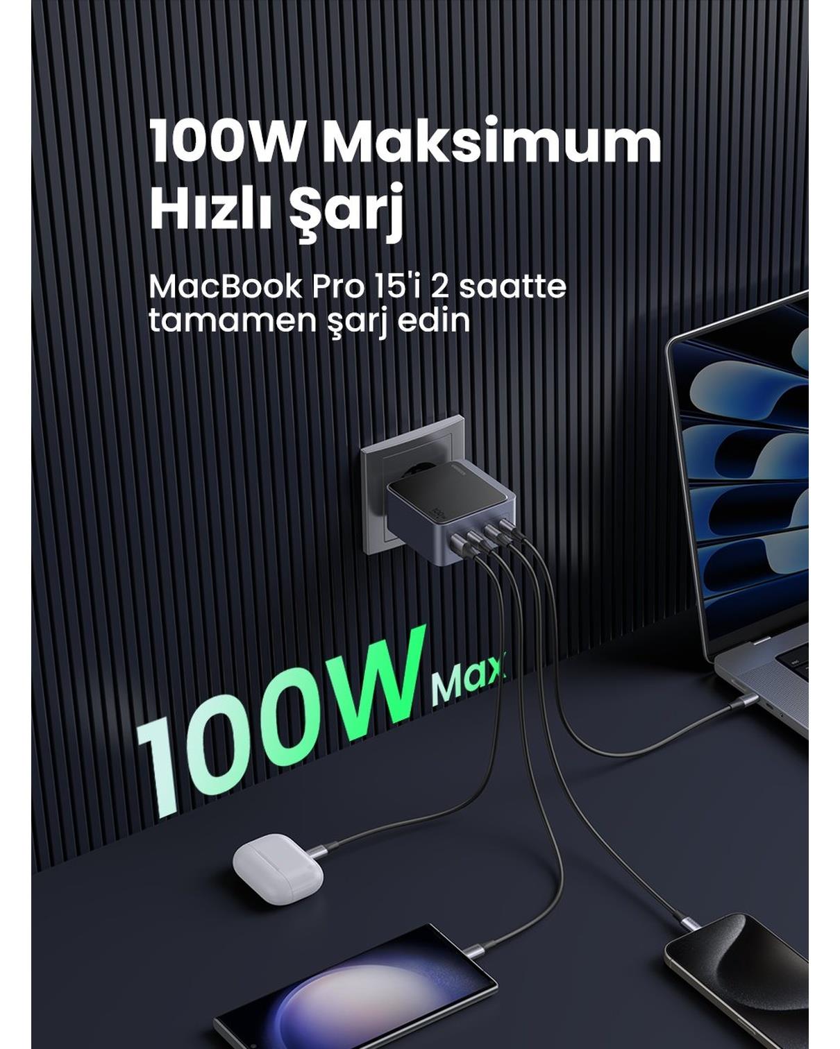 UGREEN Nexode Air 100W GaN Hızlı Şarj Cihazı Type-C QC PD 3xUSB-C, 1xUSB-A, Gri, 35043