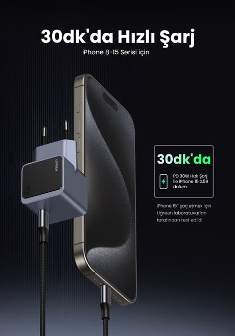 UGREEN Nexode Air 30W GaN Hızlı Şarj Cihazı Type-C QC PD 1xUSB-C, Gri, 35041