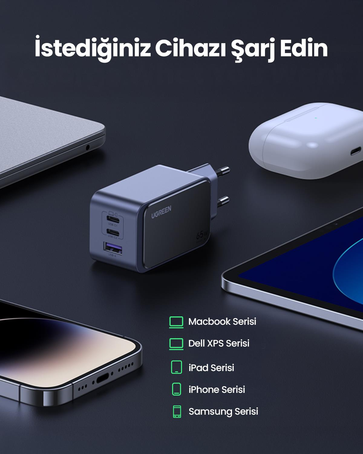 UGREEN Nexode Air 65W GaN Hızlı Şarj Cihazı Type-C QC PD 2xUSB-C, 1xUSB-A, Gri, 35042