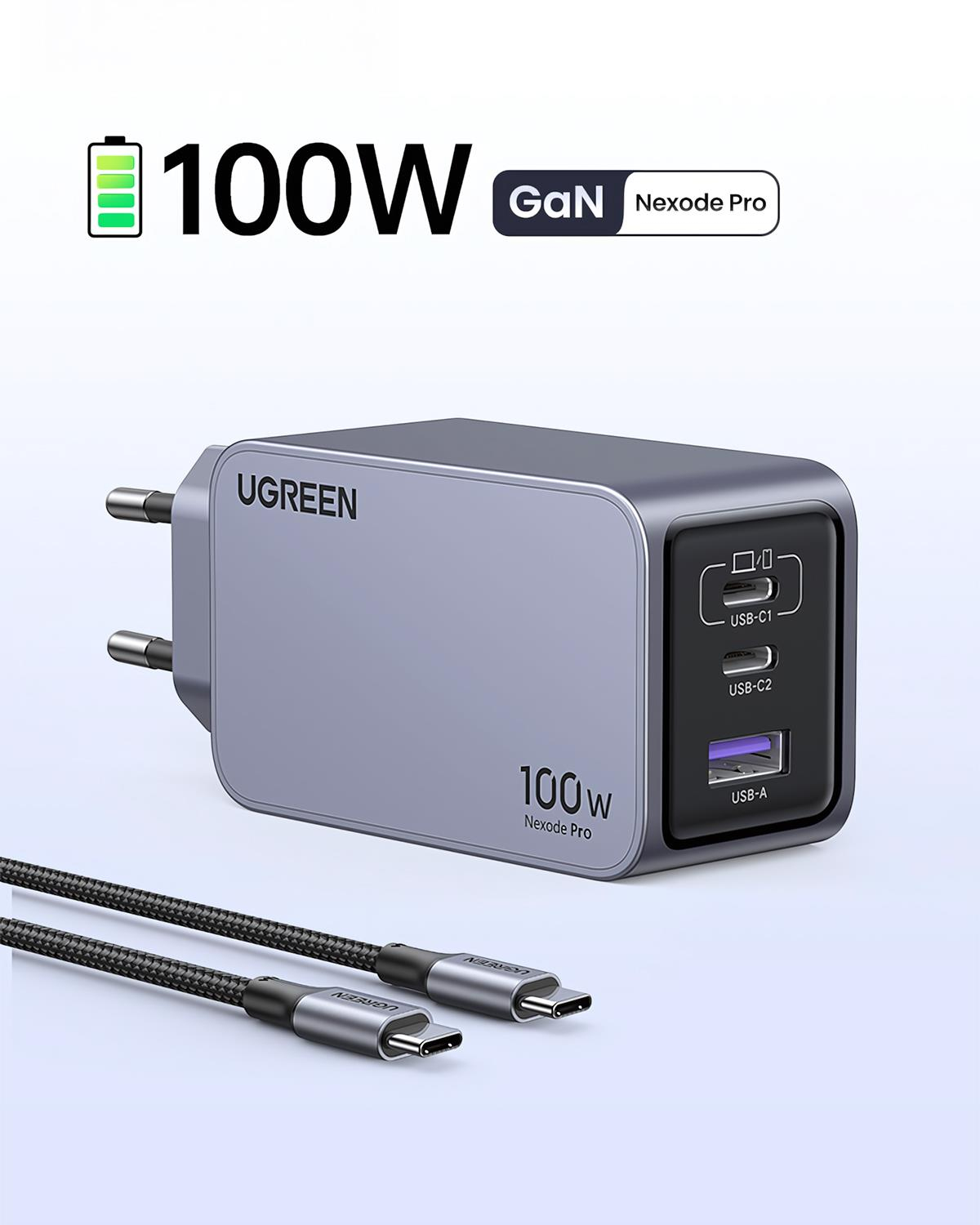 UGREEN Nexode Pro 100W GaN Hızlı Şarj Cihazı Type-C QC PD 2xUSB-C, 1xUSB-A, 1.5M 100W Kablo Dahil, Uzay Grisi, 25874