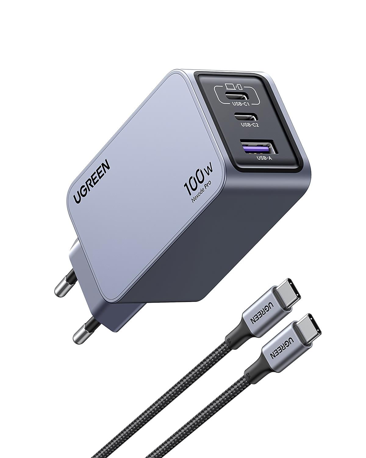 UGREEN Nexode Pro 100W GaN Hızlı Şarj Cihazı Type-C QC PD 2xUSB-C, 1xUSB-A, 1.5M 100W Kablo Dahil, Uzay Grisi, 25874