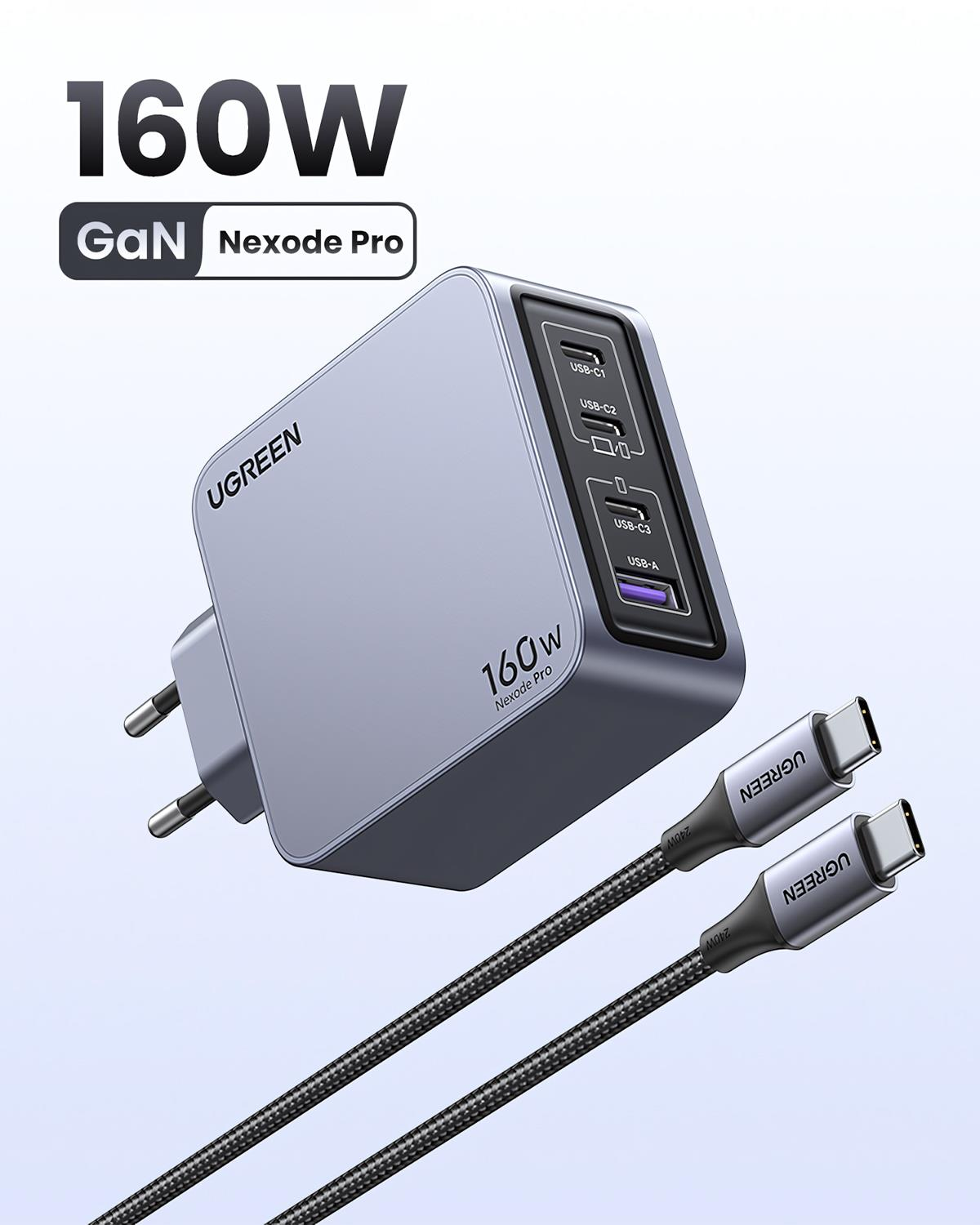 UGREEN Nexode Pro 160W GaN Hızlı Şarj Cihazı 100W Kablolu Type-C QC PD 3xUSB-C, 1xUSB-A, 1.5M 240W Kablo Dahil, Uzay Grisi, 25877