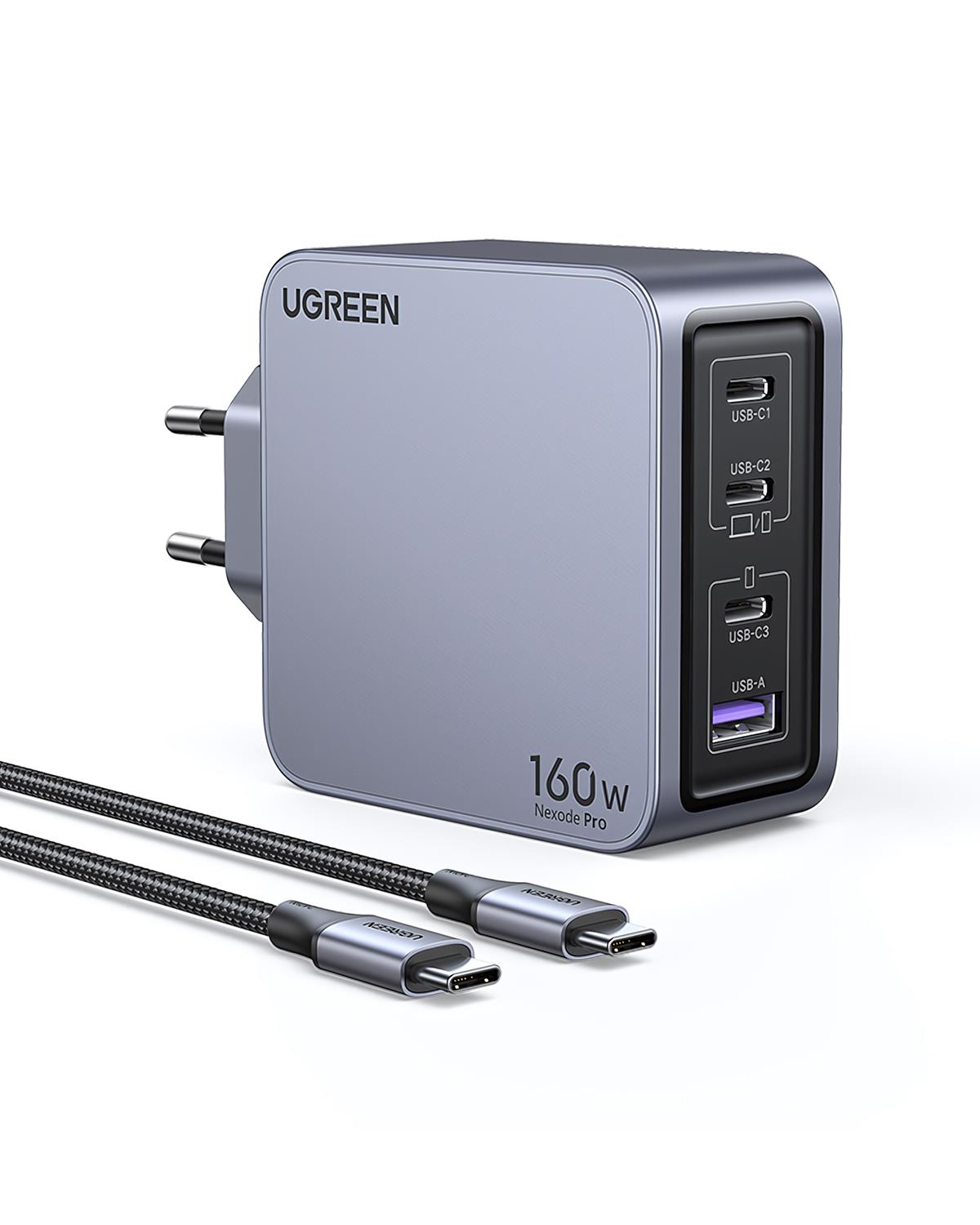 UGREEN Nexode Pro 160W GaN Hızlı Şarj Cihazı 100W Kablolu Type-C QC PD 3xUSB-C, 1xUSB-A, 1.5M 240W Kablo Dahil, Uzay Grisi, 25877