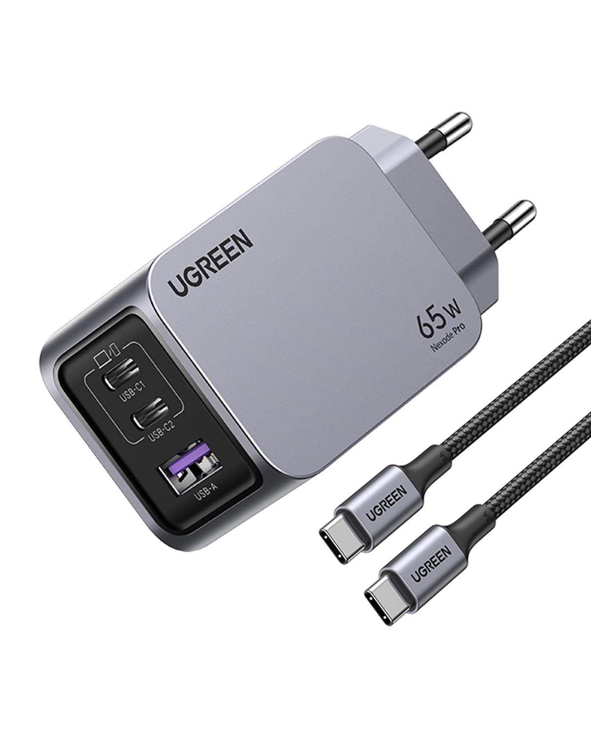 UGREEN Nexode Pro 65W GaN Hızlı Şarj Cihazı Type-C QC PD 2xUSB-C, 1xUSB-A, 1.5M 100W Kablo Dahil, Uzay Grisi, 25871