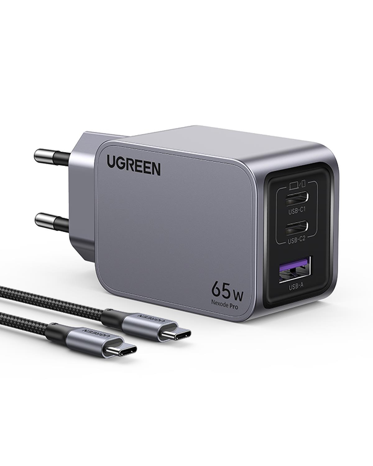 UGREEN Nexode Pro 65W GaN Hızlı Şarj Cihazı Type-C QC PD 2xUSB-C, 1xUSB-A, 1.5M 100W Kablo Dahil, Uzay Grisi, 25871