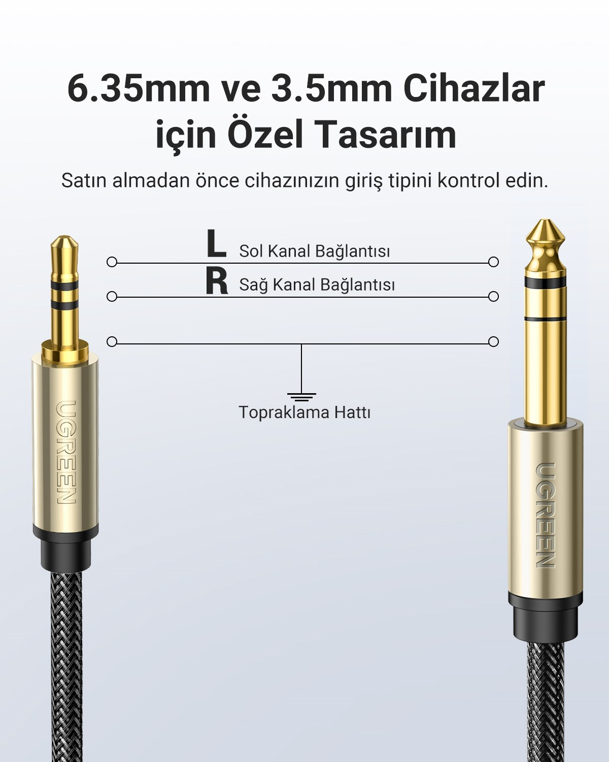 UGREEN Stereo 3.5mm TRS to 6.35mm Audio Kablo, 2m, 10628