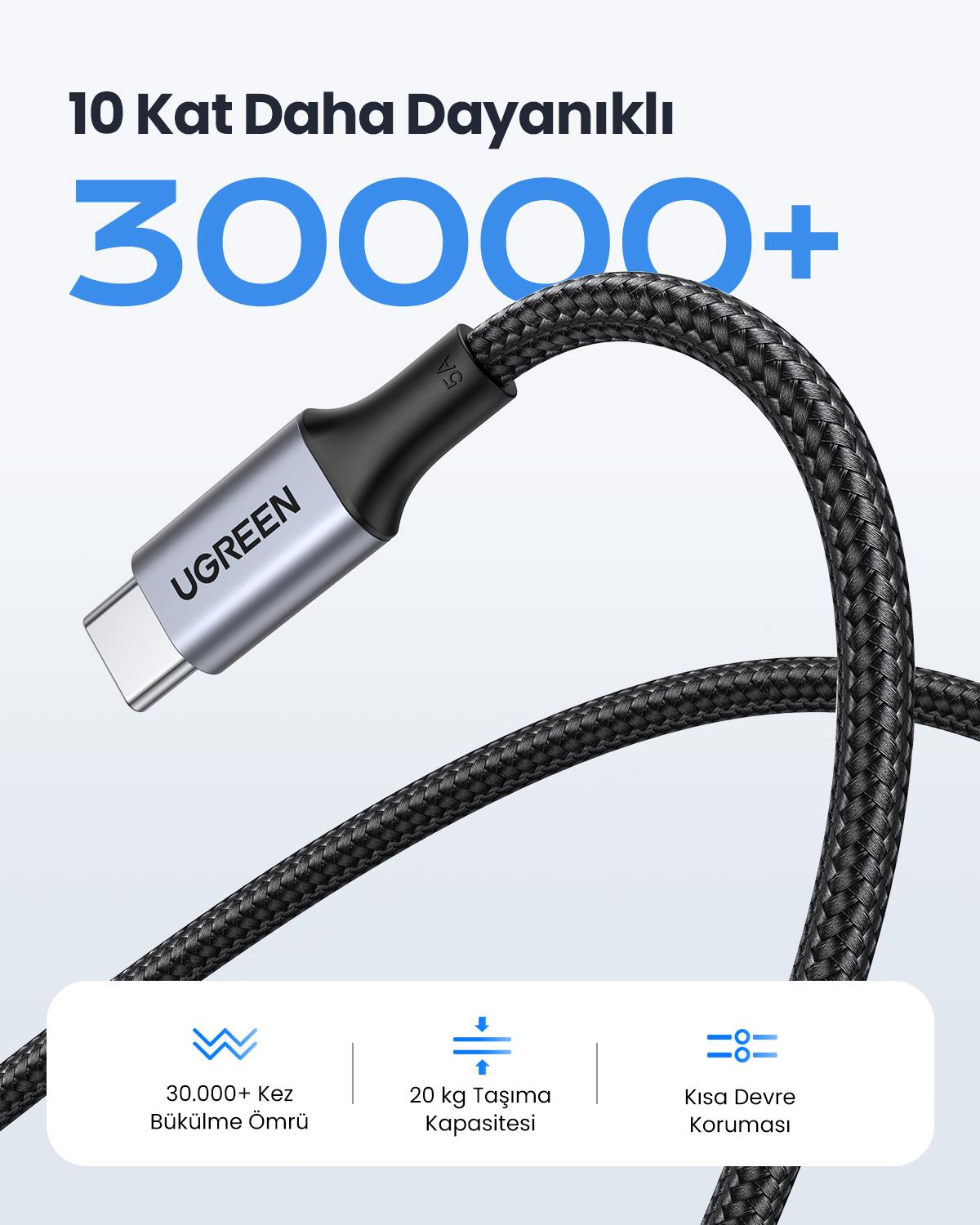 UGREEN USB-C 100W 5A QC PD Örgülü Hızlı Şarj Kablosu, 1 Metre, Siyah, 70427