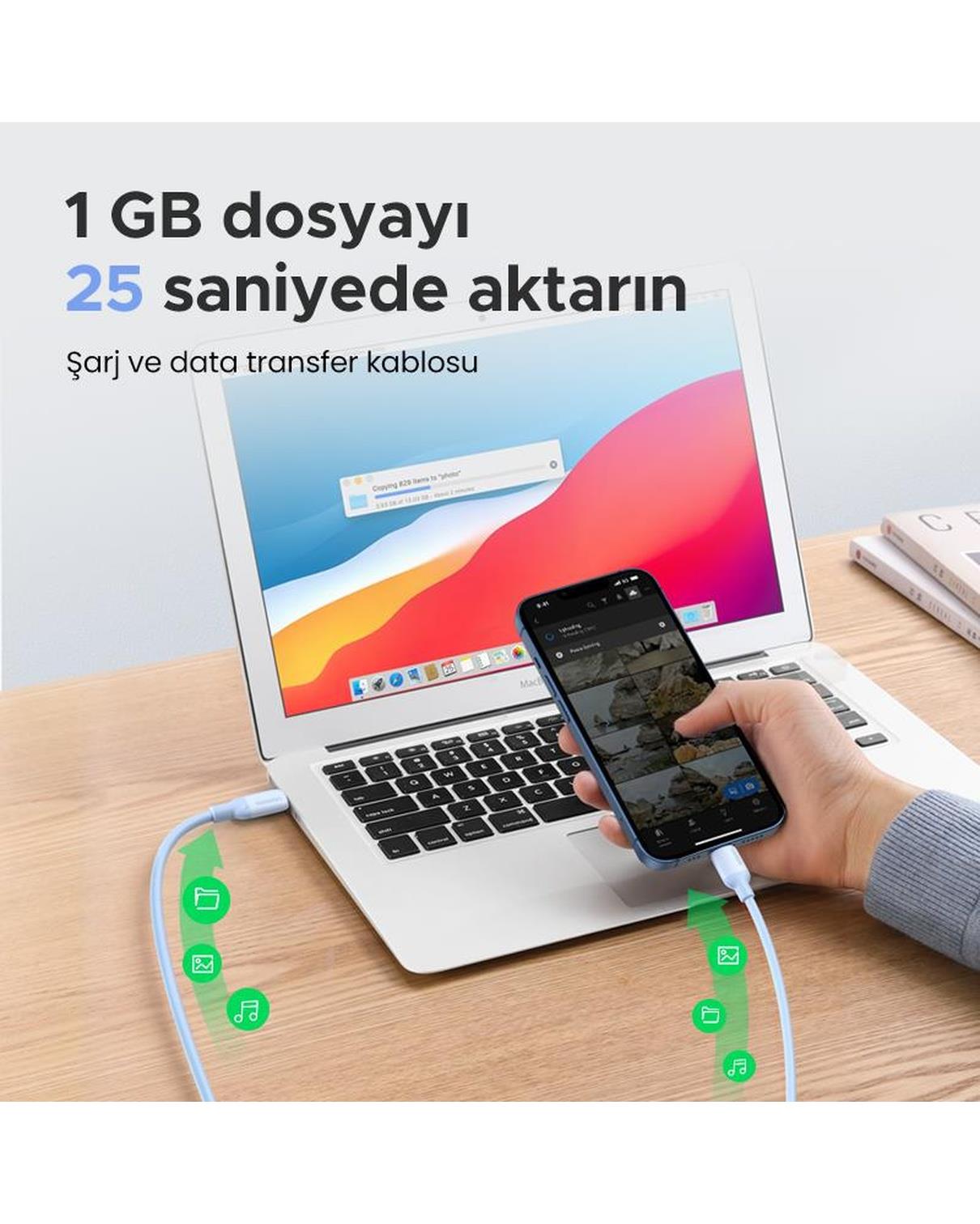 UGREEN Type-C to Lightning 3A PD MFi Sertifikalı Hızlı Şarj Kablosu, 1 Metre, Mavi, 20313