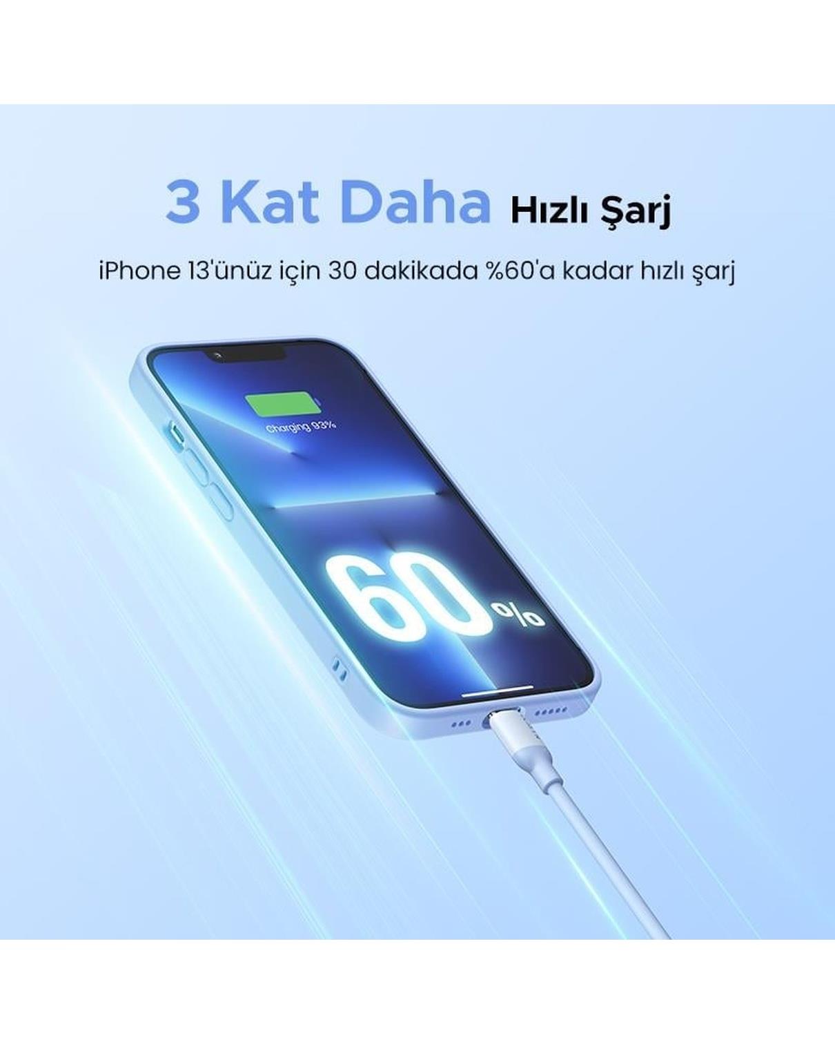 UGREEN Type-C to Lightning 3A PD MFi Sertifikalı Hızlı Şarj Kablosu, 1 Metre, Mavi, 20313